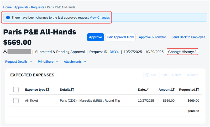 Screenshot of the request details page showing a banner about changes and a link to the Change History