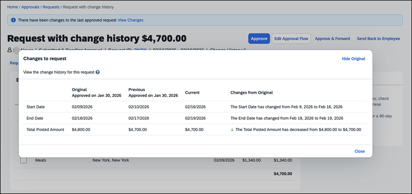 Screenshot of the change history log showing changes made to a travel request and their associated dates
