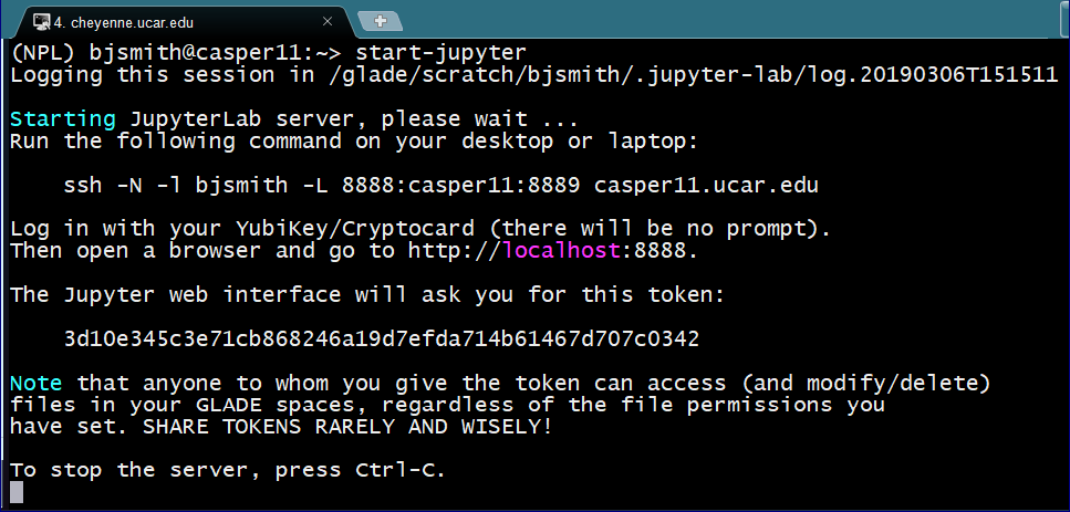 Terminal image of JupyterLab sequence after user enters start-jupyter command.