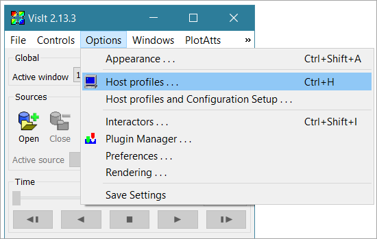 VisIt screen highlighting the host profiles selection