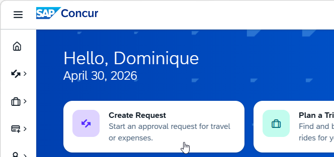 Screenshot of the Create Request action tile on the Concur homepage