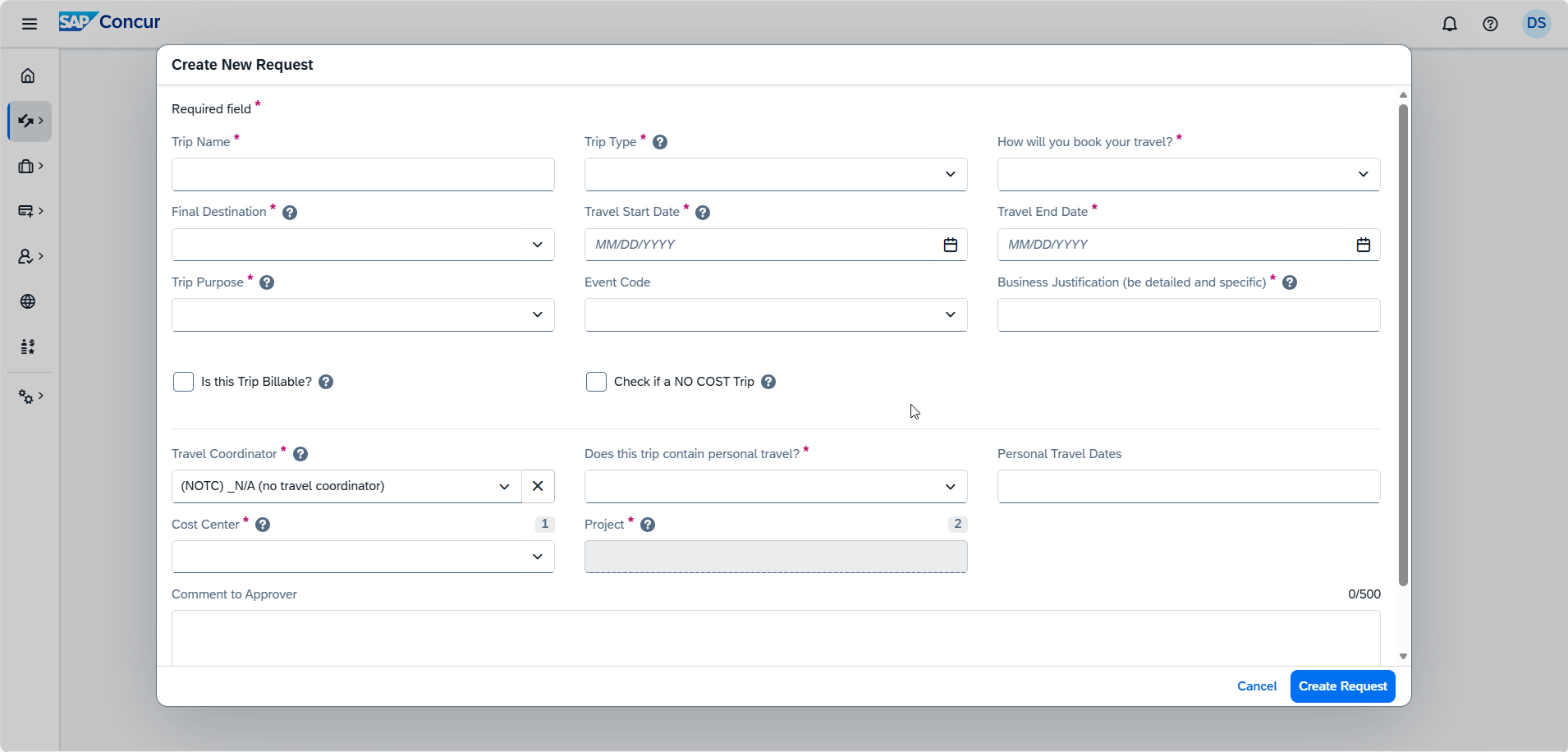 Screenshot of the travel request header