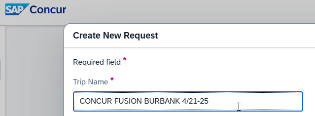 Screenshot of the Trip Name field in a new travel request header