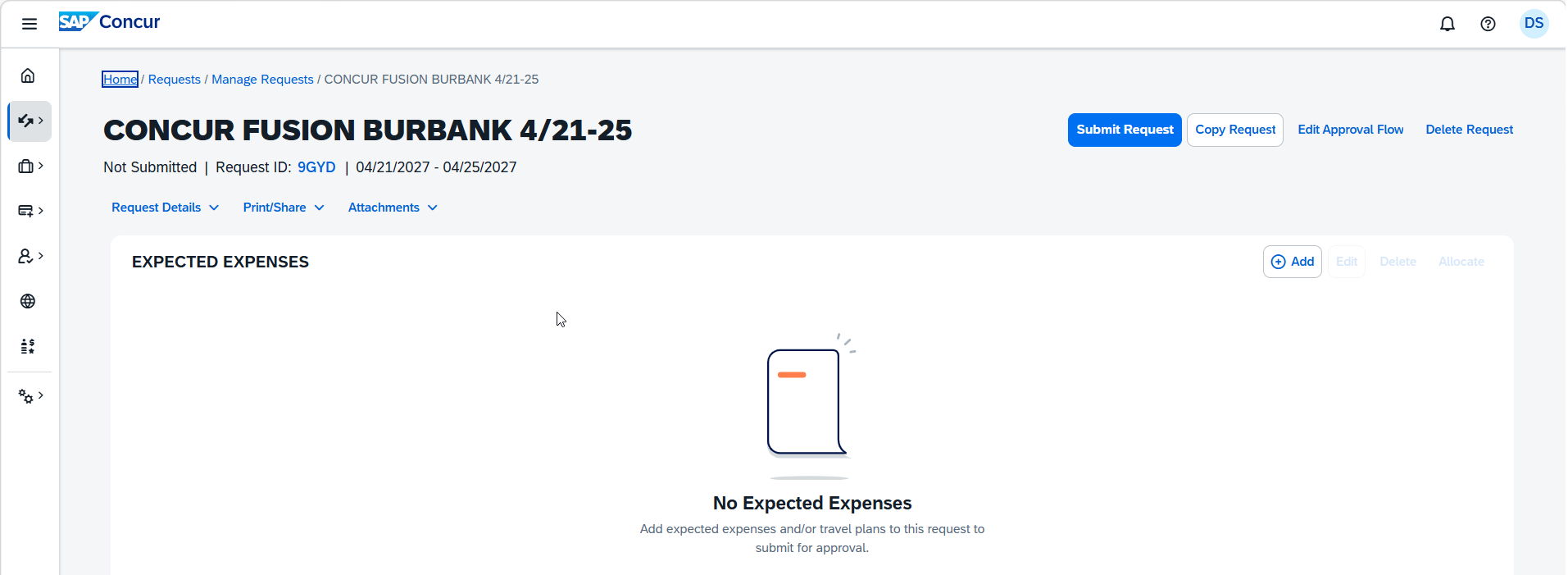 Screenshot of the travel request with an empty Expected Expenses list