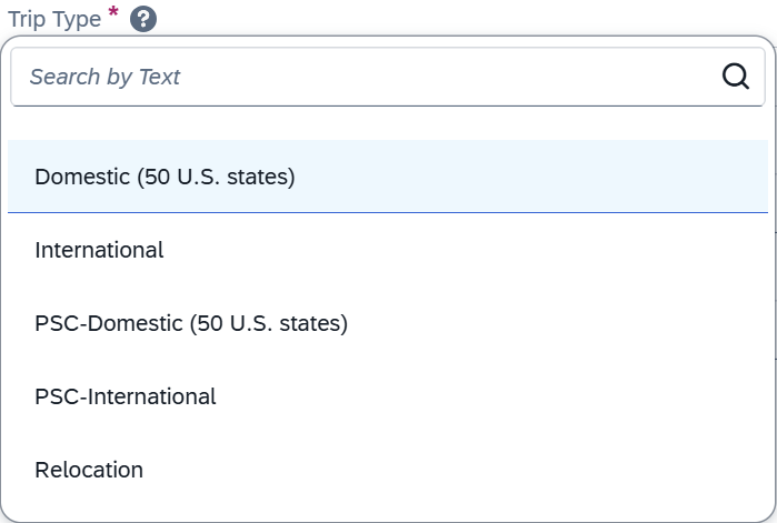 Screenshot of the Trip Type field and its options