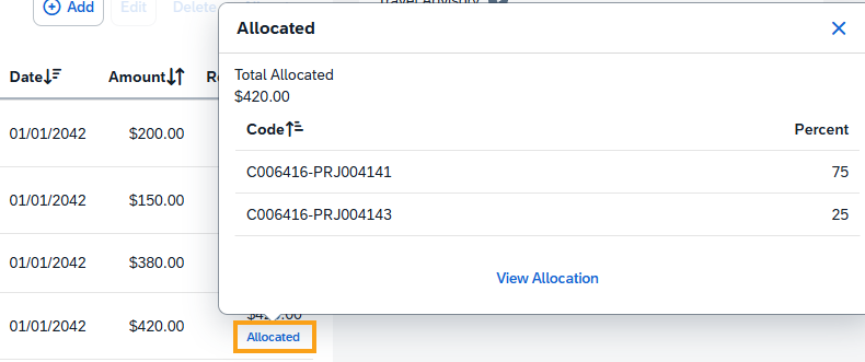 Screenshot of the Allocation Details pop-up dialog