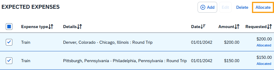 Screenshot of the Expected Expenses list and the Allocate button