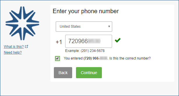 Form for entering your phone number, confirming that it is correct, and a button for continuing.