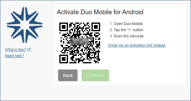 Screen with a barcode to scan and a link to request an activation link by email instead.