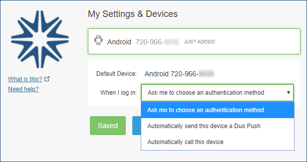 A screen showing choices for how to authenticate when logging in with Duo.