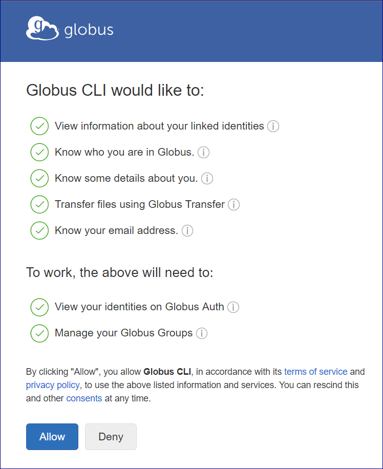 Image of Globus CLI access screen