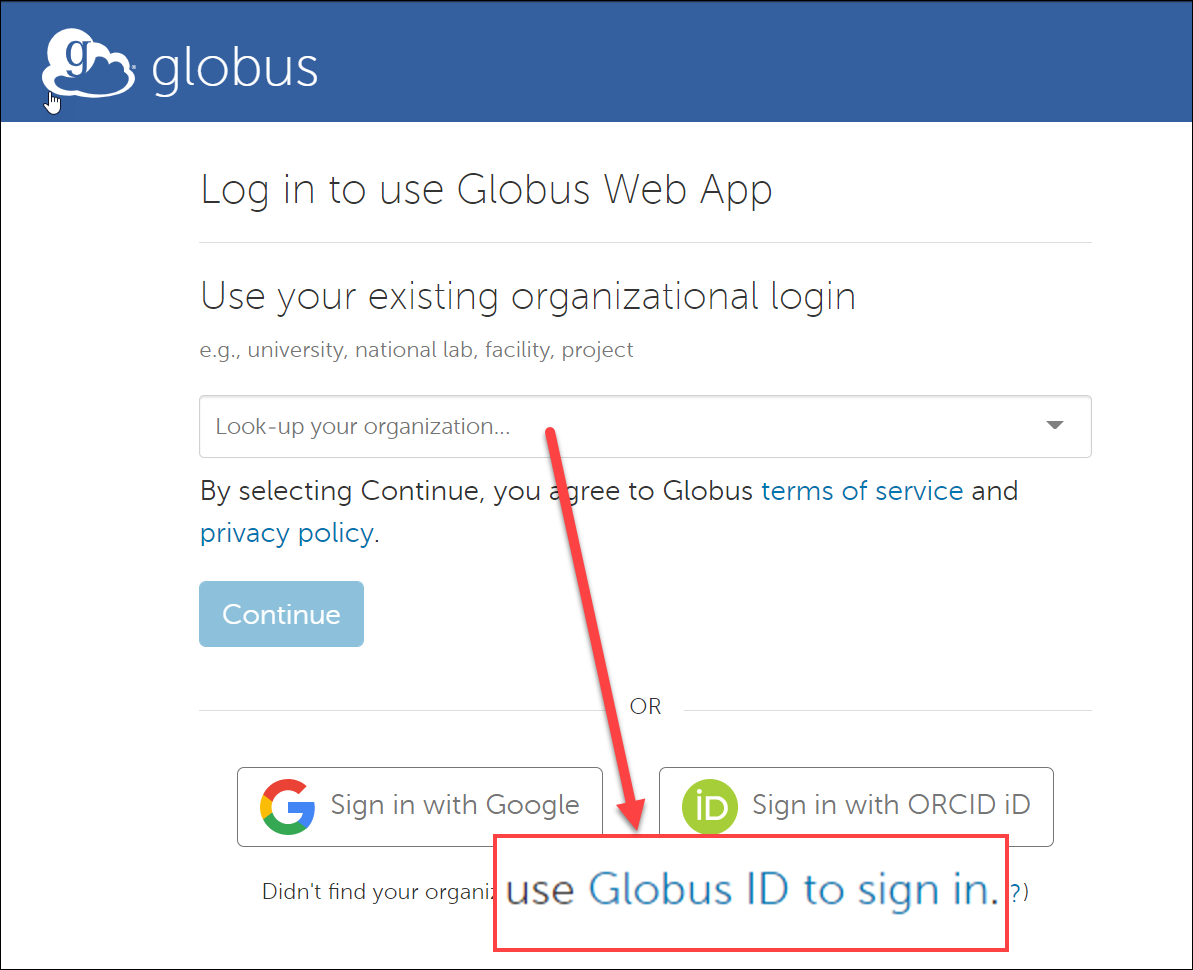 Screen showing the location of the link for signing in with a Globus ID.