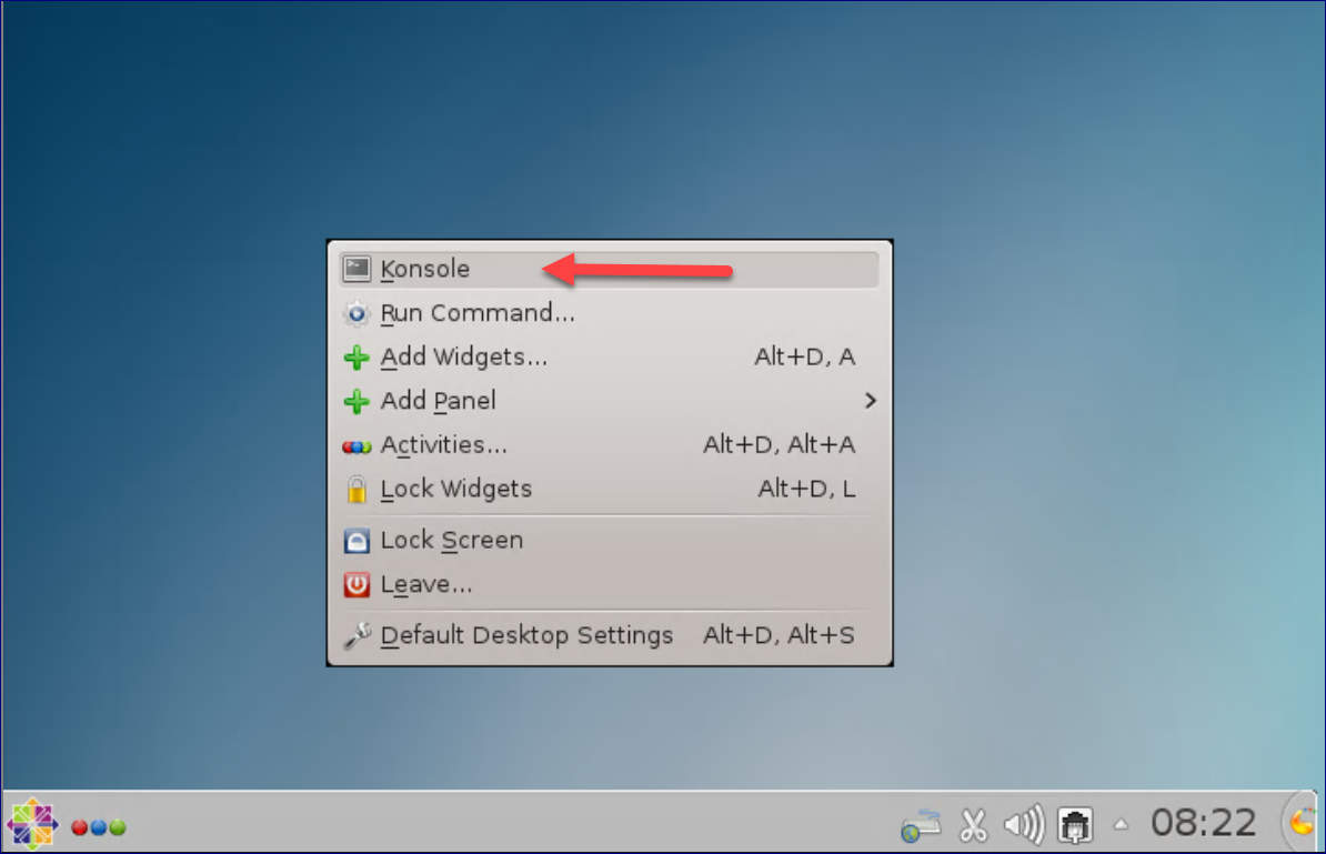 Image of the KDE desktop window with the Kconsole option