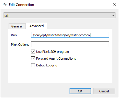 Image of FastX pop-up box specifying information for an ssh connection